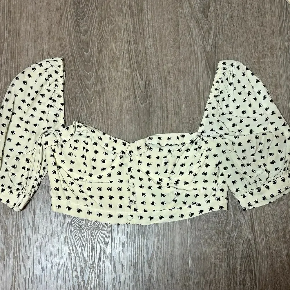 For Love & Lemons Sweetheart Crop Top Creme Heart Print Puff Sleeve Bustier Sz M